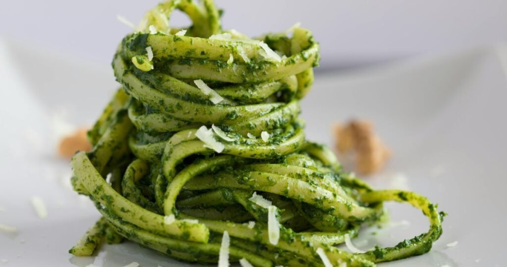 close up of pesto pasta