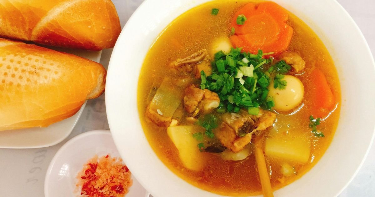 overhead view of artichoke and veg soup