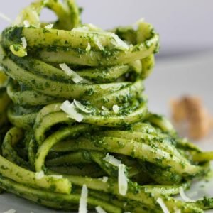 close up of pesto pasta