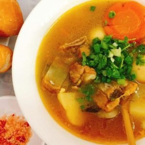 overhead view of artichoke and veg soup